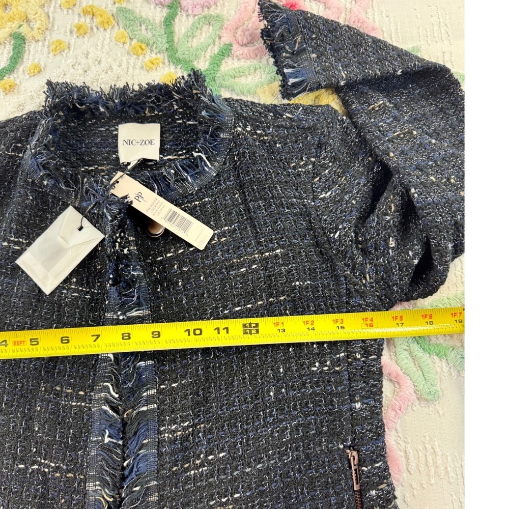 NIC ZOE Tweed Fringe Collarless Blazer Jacket Navy Multi Textured Cropped pp‎ - Picture 6 of 9